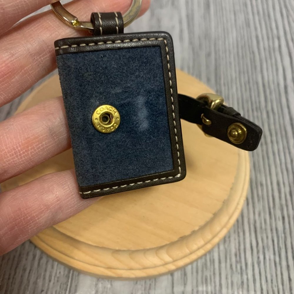 Rare Coach Suede Leather Navy Blue On Brown Mini Picture Frame Keychain Keycharm - Picture 7 of 12